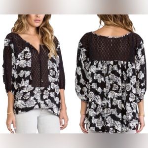 Free People Boho Peasant Blouse Black White Floral Lace